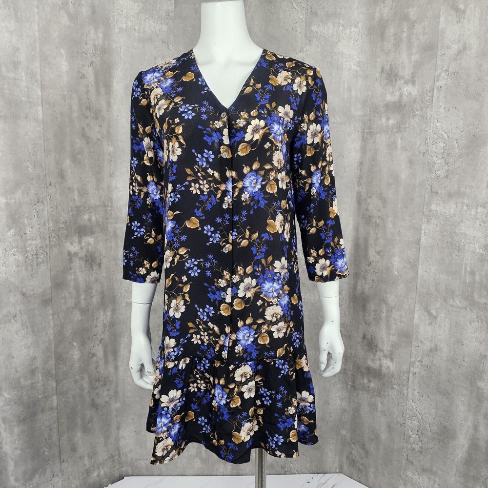 Amour Vert Womens S‎ Semi Sheer Silk Floral Button front 3/4 Sleeve Dress